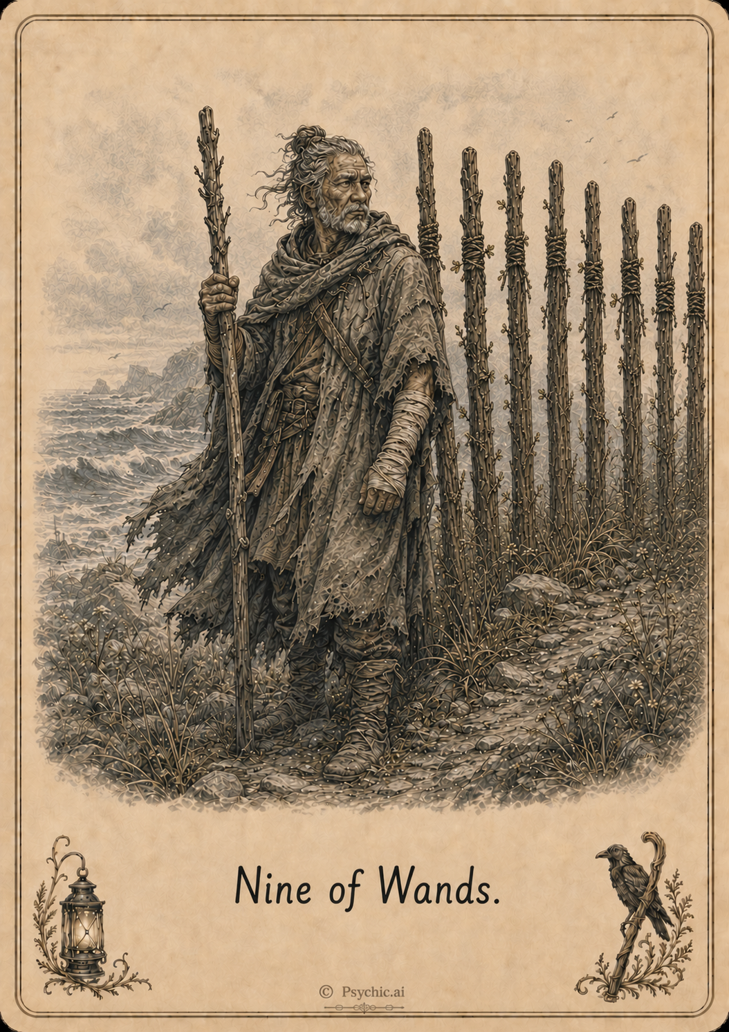 Nine of Wands tarot card illustration